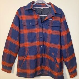 Patagonia Men's Blue and Orange Plaid Shirt Jacket Medium